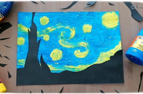 Activité manuelle et créative enfants - Revisiter le tableau La nuit étoilée de Vincent Van Gogh - Peintre hollandais - Peinture à la fourchette et au cure-dent gel pailleté - découpage papier noir - Découpage, collage - Découverte de l'art et d'un artiste - Nuit et étoiles - Créativité - Europe - Pays-Bas, Hollande, Néerlandais - Découverte d'un pays - Espace et géographie - arts visuels Cycle 2 ou 3 - Elémentaire - Tour du monde créatif - mslf