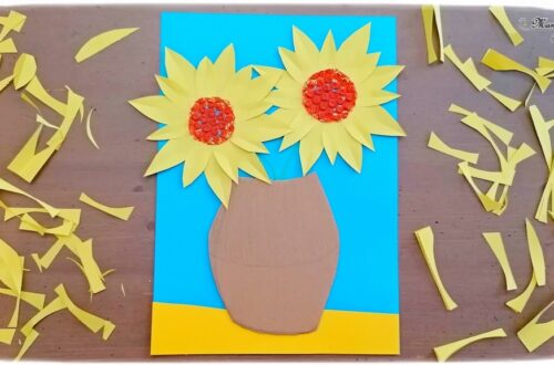 Activité manuelle et créative enfants - Revisiter la série des tableaux Tournesols de Vincent Van Gogh - Peintre hollandais - Découpage, collage, récup' carton, peinture et papier bulle - Découverte de l'art et d'un artiste - Printemps et fleurs - Nature morte - recyclage - Créativité - Europe - Pays-Bas, Hollande, Néerlandais - Découverte d'un pays - Espace et géographie - arts visuels Cycle 1 ou 2 - Maternelle - Tour du monde créatif - mslf