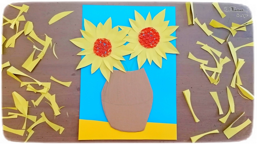 Activité manuelle et créative enfants - Revisiter la série des tableaux Tournesols de Vincent Van Gogh - Peintre hollandais - Découpage, collage, récup' carton, peinture et papier bulle - Découverte de l'art et d'un artiste - Printemps et fleurs - Nature morte - recyclage - Créativité - Europe - Pays-Bas, Hollande, Néerlandais - Découverte d'un pays - Espace et géographie - arts visuels Cycle 1 ou 2 - Maternelle - Tour du monde créatif - mslf