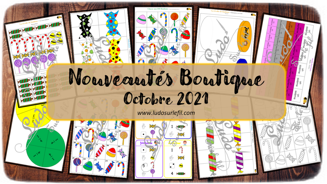 Nouveautés d'octobre 2021 - Boutique en ligne Ludo sur le fil - fichiers jeux pdf à télécharger et imprimer ou jeux imprimés envoyés à domicile - Halloween, chasse aux bonbons, sucreries, fractions, mathématiques - Automne - chasse aux 100, puzzles, jeu de dénombrement maternelle, outils de manipulation, atelier autonome et autocorrectif - discrimination visuelle - mslf