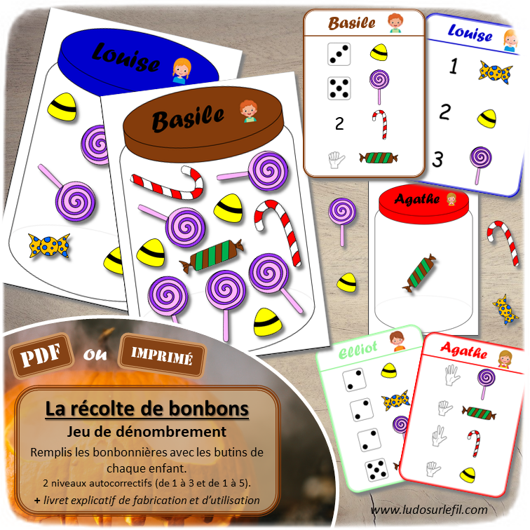 La récolte de bonbons - Jeu de dénombrement Maternelle - 2 niveaux de difficulté - dénombrement de 1 à 3 ou de 1 à 5 - plusieurs représentations nombres (chiffres, constellations dé, doigts de la main et mélangé) - mathématiques - jeu à télécharger et à imprimer ou jeu imprimé et envoyé à domicile - atelier maternelle autonome et autocorrectif - thème Halloween ou pour un anniversaire - lslf