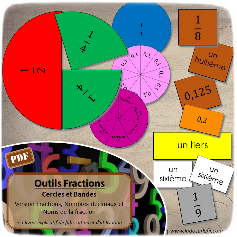 Outils de manipulation Fractions - Cercles et bandes - de l'unité (1/1) au dixième (1/10) - Version écriture en fractions, en lettres (noms de la fraction) et équivalent en nombres décimaux - aborder les fractions en s'amusant et en manipulant - Equivalences et opérations sur les fractions - jeu à télécharger et à imprimer - atelier élémentaire et cycle 3 - lslf