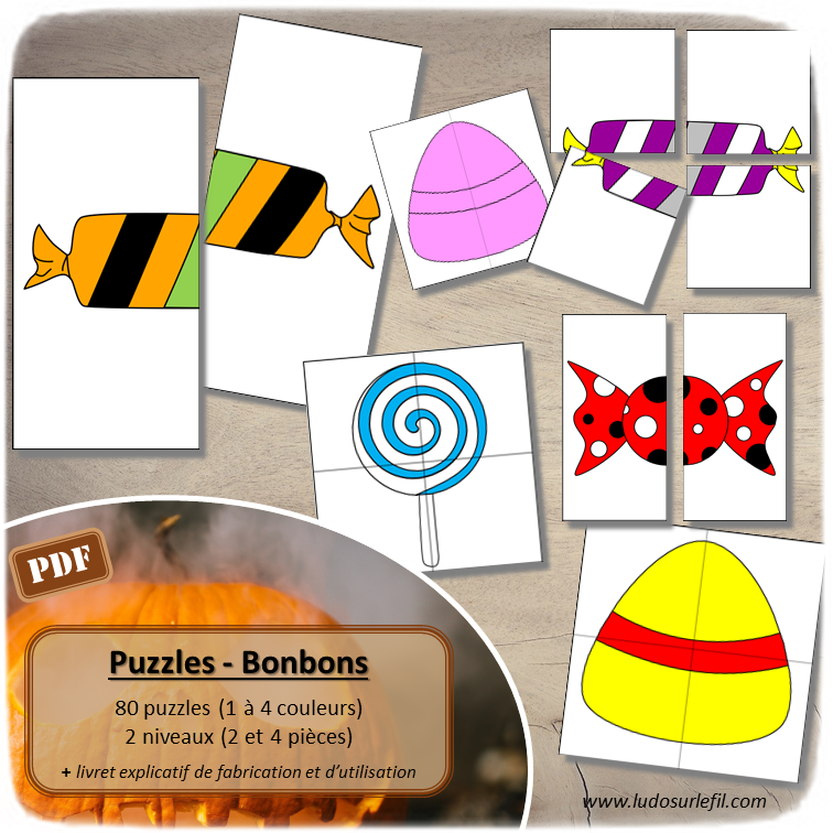 Puzzles bonbons - 2 niveaux de difficulté - 2 ou 4 pièces - Couleurs, formes, discrimination visuelle - jeu à télécharger et à imprimer ou jeu imprimé et envoyé à domicile - Difficulté progressive : 1, 2, 3 ou 4 couleurs - atelier maternelle autonome et autocorrectif - thème Halloween ou pour un anniversaire - lslf