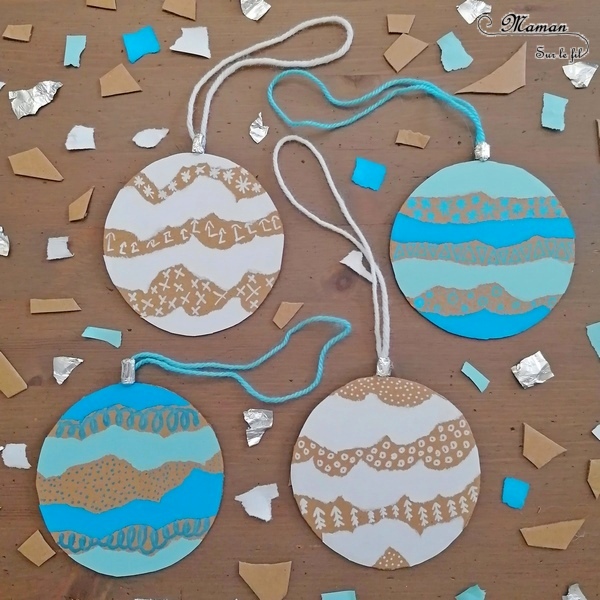 Activité manuelle et créative enfants - Fabriquer des boules de Noël à suspendre au sapin - en récup' - Carton, papier déchiré et graphisme - Papier aluminium et laine - Décoration DIY pour le sapin de Noël ou décoration de classe - Collage - recyclage - Bricolage et Créativité - arts visuels Maternelle, Cycle 1 ou 2 - Elémentaire ou maternelle - mslf