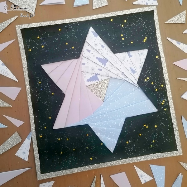 Activité manuelle et créative enfants - Fabriquer des cartes de vœux Etoile en Iris Folding - Technique hollandaise de pliage, collage, découpage de papier pour faire de jolies cartes - Utilisation des chutes de papier - Récup - Paillettes - Cartes brillantes pour la fin d'année - Suivi d'un modèle, gabarit - Pour Noël - recyclage - Bricolage et Créativité - arts visuels Elémentaire, Cycle 2 ou 3 - Découverte d'un pays, géographie - Pays-Bas, Hollande - mslf