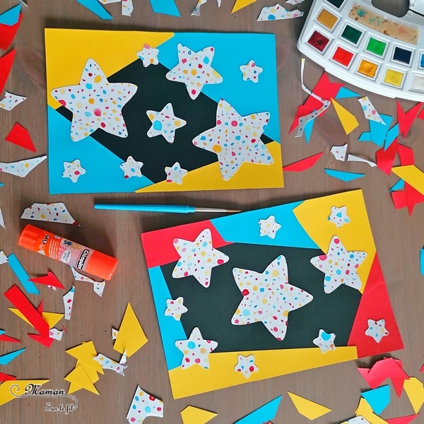 Activité manuelle et créative enfants - Fabriquer des cartes de vœux Etoiles avec points en aquarelle - Contraste entre douceur de l'aquarelle et punch du cadre coloré - Graphique et moderne - couleurs primaires - Collage, découpage de chutes de papier pour faire de jolies cartes - Récup - pour la fin d'année - Pour Noël ou nouvel an - recyclage - Bricolage et Créativité - arts visuels Elémentaire, maternelle, Cycle 1, 2 ou 3 - mslf