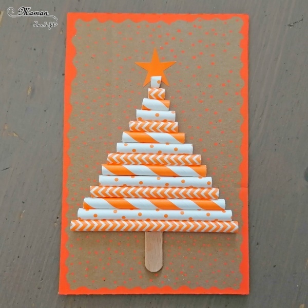 Activité manuelle et créative enfants - Fabriquer des cartes de vœux Sapins en pailles et en récup' - Carton, bâtonnets de glace, graphisme, dessin, gommettes, pailles - rangement par taille - Découpage, collage, sucette rigolote - Pour Noël - recyclage - Bricolage et Créativité - arts visuels Maternelle, Cycle 1 ou 2 - Elémentaire ou maternelle - mslf