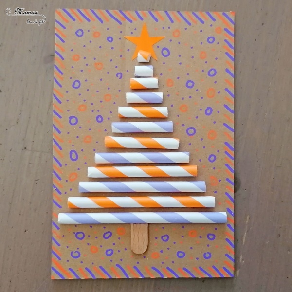 Activité manuelle et créative enfants - Fabriquer des cartes de vœux Sapins en pailles et en récup' - Carton, bâtonnets de glace, graphisme, dessin, gommettes, pailles - rangement par taille - Découpage, collage, sucette rigolote - Pour Noël - recyclage - Bricolage et Créativité - arts visuels Maternelle, Cycle 1 ou 2 - Elémentaire ou maternelle - mslf