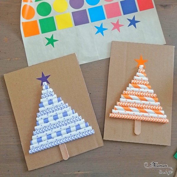 Activité manuelle et créative enfants - Fabriquer des cartes de vœux Sapins en pailles et en récup' - Carton, bâtonnets de glace, graphisme, dessin, gommettes, pailles - rangement par taille - Découpage, collage, sucette rigolote - Pour Noël - recyclage - Bricolage et Créativité - arts visuels Maternelle, Cycle 1 ou 2 - Elémentaire ou maternelle - mslf