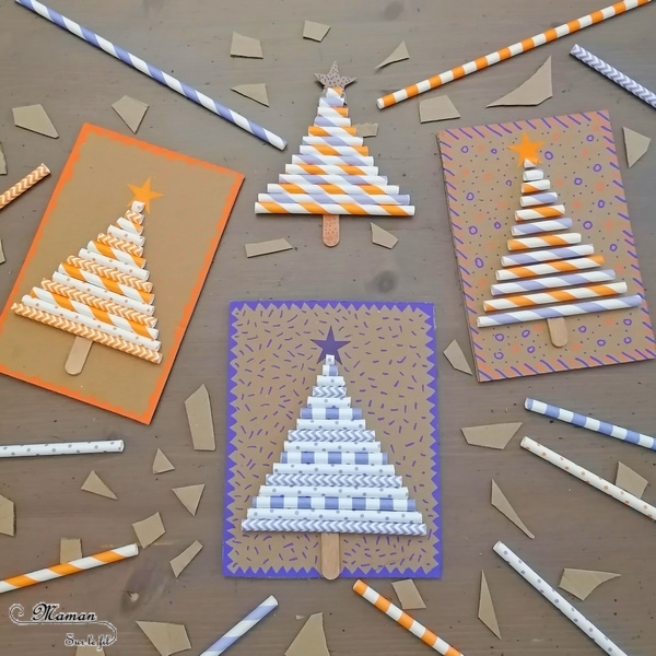 Activité manuelle et créative enfants - Fabriquer des cartes de vœux Sapins en pailles et en récup' - Carton, bâtonnets de glace, graphisme, dessin, gommettes, pailles - rangement par taille - Découpage, collage, sucette rigolote - Pour Noël - recyclage - Bricolage et Créativité - arts visuels Maternelle, Cycle 1 ou 2 - Elémentaire ou maternelle - mslf