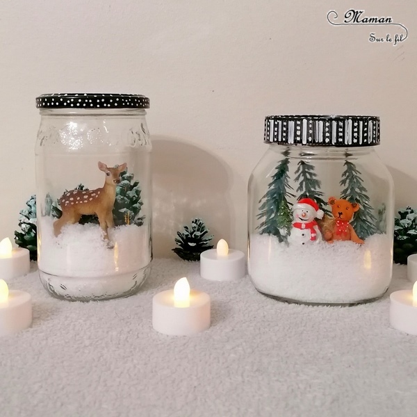 Activité manuelle et créative enfants - Fabriquer des bocaux de Noël ou d'hiver en récup' - Décoration table d'hiver ou de Noël - Fausse neige, sapins enneigés avec pommes de pin, figurines Faon, ours, bonhomme de neige - Animaux de la forêt - Peinture, dessin et nature - Sapins - Décoration fait maison - recyclage - Bricolage et Créativité - arts visuels Cycle 2 ou 3 - Cadeau - Elémentaire ou maternelle avec aide - mslf