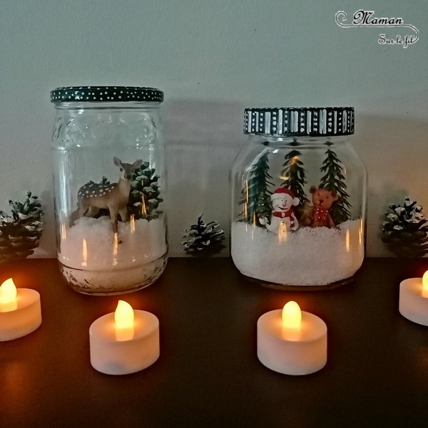 Activité manuelle et créative enfants - Fabriquer des bocaux de Noël ou d'hiver en récup' - Décoration table d'hiver ou de Noël - Fausse neige, sapins enneigés avec pommes de pin, figurines Faon, ours, bonhomme de neige - Animaux de la forêt - Peinture, dessin et nature - Sapins - Décoration fait maison - recyclage - Bricolage et Créativité - arts visuels Cycle 2 ou 3 - Cadeau - Elémentaire ou maternelle avec aide - mslf