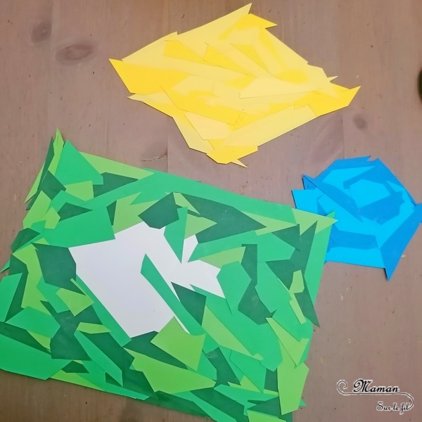 Activité créative et manuelle enfants - Drapeau du Brésil en mosaïque de papiers découpés et collés - Découpage et collage de récup' de chutes de papier - Graphisme Points et écriture - Créativité - Amérique du Sud - Découverte d'un pays - Espace et géographie - Tour du monde créatif - arts visuels et atelier maternelle , Cycle 1, 2 et 3 - mslf