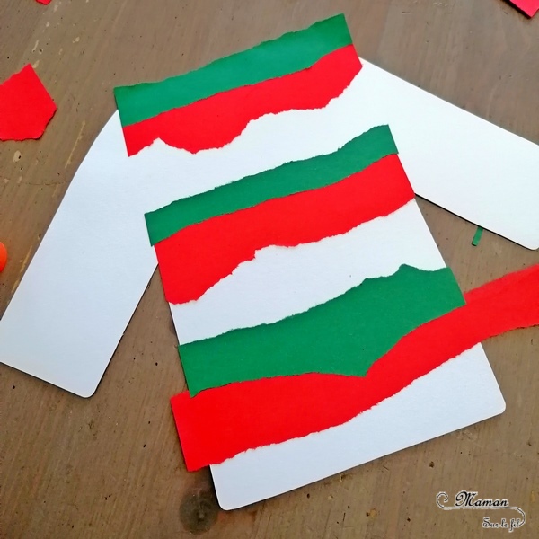 Activité manuelle et créative enfants - Fabriquer des pulls moches de Noël - en récup' - Chutes de papier déchiré et graphismes de Noël (étoiles, sapins, flocons, neige...) - Collage et dessin - Décoration DIY pour Noël ou décoration de classe - Collage - recyclage - Bricolage et Créativité - arts visuels Maternelle ou élémentaire, Cycle 1 ou 2 - mslf