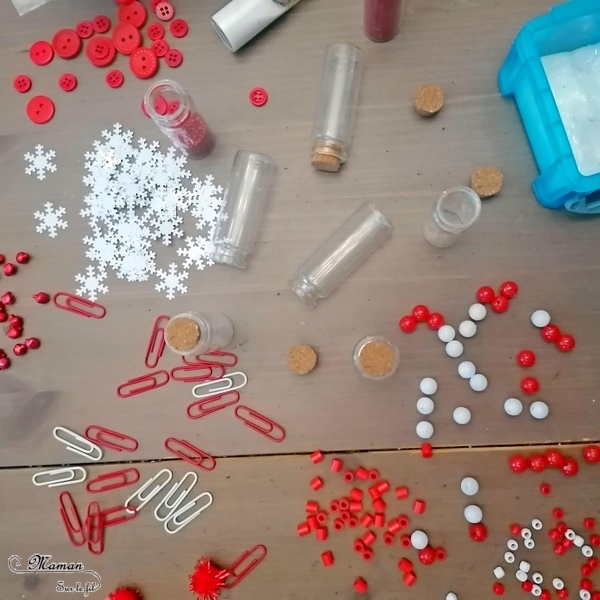 Activité manuelle et créative enfants - Fabriquer des mini-fioles de Noël à suspendre au sapin - façon sucre d'orge en rouge et blanc - Récup, paillettes et matériel créatif divers - Invitation à créer - Décorations fait maison pour le sapin - Décoration de classe - Bricolage et Créativité - arts visuels Maternelle, Cycle 1 ou 2 - Cadeau de fin d'année - Elémentaire ou maternelle - mslf