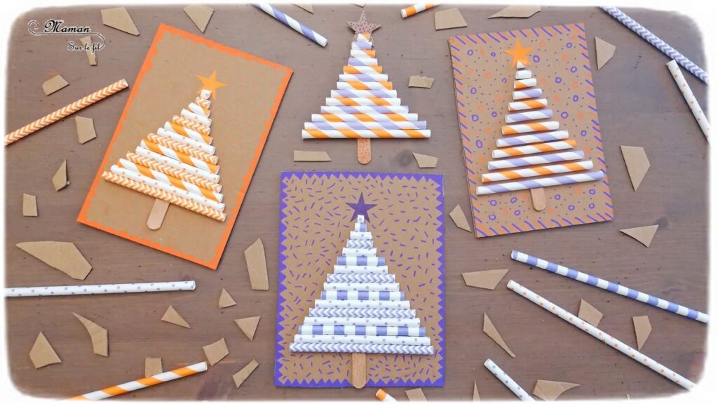 Activité manuelle et créative enfants - Fabriquer des cartes de vœux Sapins en pailles et en récup' - Carton, bâtonnets de glace, graphisme, dessin, gommettes, pailles - rangement par taille - Découpage, collage, sucette rigolote - Pour Noël - recyclage - Bricolage et Créativité - arts visuels Maternelle, Cycle 1 ou 2 - Elémentaire ou maternelle - mslf