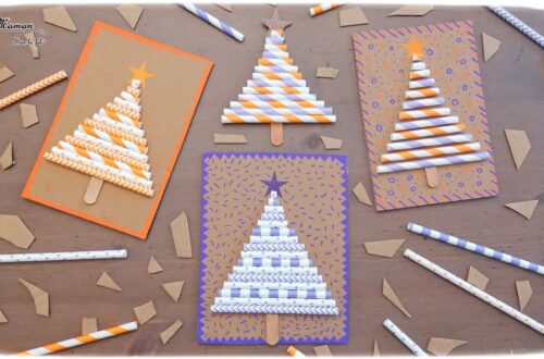 Activité manuelle et créative enfants - Fabriquer des cartes de vœux Sapins en pailles et en récup' - Carton, bâtonnets de glace, graphisme, dessin, gommettes, pailles - rangement par taille - Découpage, collage, sucette rigolote - Pour Noël - recyclage - Bricolage et Créativité - arts visuels Maternelle, Cycle 1 ou 2 - Elémentaire ou maternelle - mslf