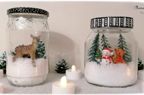 Activité manuelle et créative enfants - Fabriquer des bocaux de Noël ou d'hiver en récup' - Décoration table d'hiver ou de Noël - Fausse neige, sapins enneigés avec pommes de pin, figurines Faon, ours, bonhomme de neige - Animaux de la forêt - Peinture, dessin et nature - Sapins - Décoration fait maison - recyclage - Bricolage et Créativité - arts visuels Cycle 2 ou 3 - Cadeau - Elémentaire ou maternelle avec aide - mslf