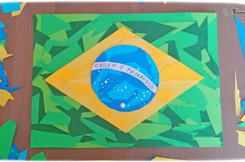 Activité créative et manuelle enfants - Drapeau du Brésil en mosaïque de papiers découpés et collés - Découpage et collage de récup' de chutes de papier - Graphisme Points et écriture - Créativité - Amérique du Sud - Découverte d'un pays - Espace et géographie - Tour du monde créatif - arts visuels et atelier maternelle , Cycle 1, 2 et 3 - mslf