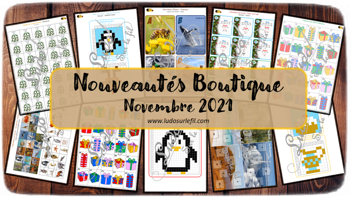 Nouveautés de novembre 2021 - Boutique en ligne Ludo sur le fil - fichiers jeux pdf à télécharger et imprimer ou jeux imprimés envoyés à domicile - Halloween, bonbons, Calendriers de l'avent, Noël, Hanouka, Animaux, Froid et banquise - Hiver - chasse aux 100 cadeaux, outil de dénombrement, pixel art codés, abécédaire, devinettes, atelier autocorrectif - discrimination visuelle - mslf