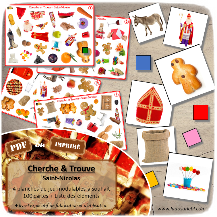 Cherche et Trouve - Saint-Nicolas - Photos - Lynx - Personnages, accessoires, costumes, cadeaux, friandises, gâteaux, offrandes, traditions - Photos sur fond blanc - 4 planches pour un plateau modulable à souhait et différents niveaux de jeu - jusqu'à 100 cartes à trouver - jeu observation et rapidité - PDF à télécharger et à imprimer ou jeu imprimé - atelier maternelle - Noms des éléments - lslf