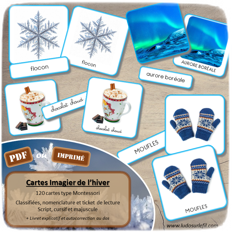 Jeu de cartes type Montessori (classifiées et de nomenclature) - Imagier Hiver - Nature, paysage, montagne, banquise, météo, objets, vêtements, nourriture, végétaux, sports d'hiver, skis, animaux du froid - connus et moins connus - Photos sur fond blanc dans la mesure du possible - Autocorrection au dos (noms pour lecteurs, symboles pour non lecteurs) - 3 graphies disponibles - Script, majuscule, cursif - Document PDF à télécharger et imprimer ou jeu imprimé - Classification - 120 cartes - Tickets de lecture - atelier autocorrectif maternelle élémentaire - Cycle 1 ou 2 - discrimination visuelle, observation, culture générale, lecture de mots, langage oral, lexique - lslf