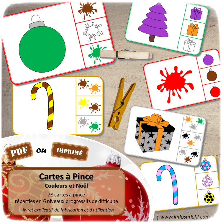 Jeu de cartes à pince sur les couleurs et Noël - 78 cartes réparties en 6 niveaux de difficulté - progressif - 1, 2, 3 couleurs - Objet et couleur ou deux objets différents - Autocorrection au dos - Atelier préscolaire et maternelle autonome - Cadeaux, boules, sapins et sucres d'orge - Document PDF à télécharger et imprimer ou jeu imprimé - Motricité fine et pince Pouce-Index avec pinces à linge - ludique - lslf