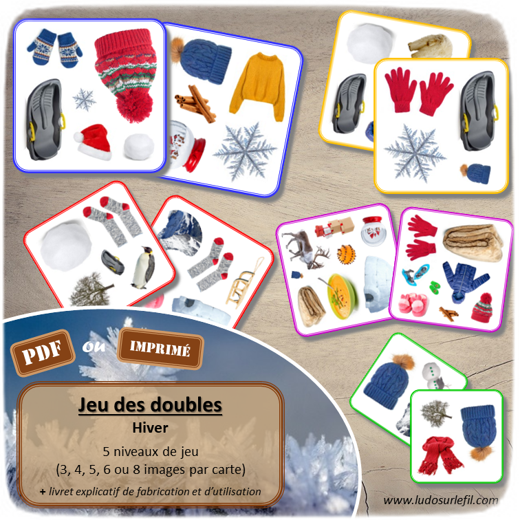 Jeu des doubles - Hiver : objets, vêtements, aliments, nature, animaux du froid, neige, montage, sports d'hiver, loisirs - Saisons - 5 niveaux progressifs (3 4 5 6 ou 8 images) - Dobble - jeu pour travailler la discrimination visuelle, la rapidité l'observation et le lexique / vocabulaire autour de l'hiver - Document PDF à télécharger et à imprimer ou jeu imprimé - lslf