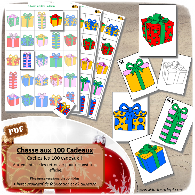 Chasse aux 100 cadeaux - Couleurs - jeu à télécharger et à imprimer - Jeu de recherche et de patience - discrimination visuelle - thème Noël, avent ou pour un anniversaire - lslf