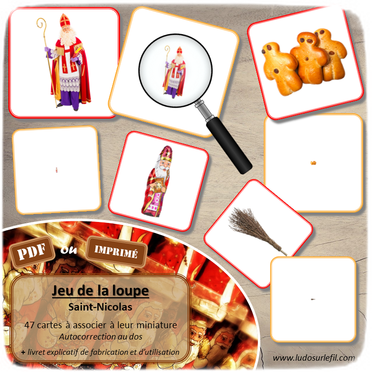 Jeu de la loupe - Saint-Nicolas - personnages, tenues, objets, montures, offrandes, cadeaux, friandises, traditions - Vocabulaire, lexique - cartes à associer aux miniatures - Apprendre l'utilisation de la loupe - document PDF à télécharger et à imprimer ou jeu imprimé - atelier autocorrectif et autonome maternelle - lslf