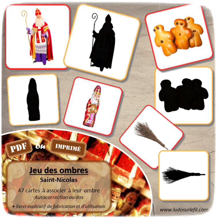 Jeu des ombres - Saint-Nicolas - personnages, tenues, objets, montures, offrandes, cadeaux, friandises, traditions - Vocabulaire, lexique - cartes à associer aux ombres - document PDF à télécharger et à imprimer ou jeu imprimé - atelier autocorrectif et autonome maternelle - lslf