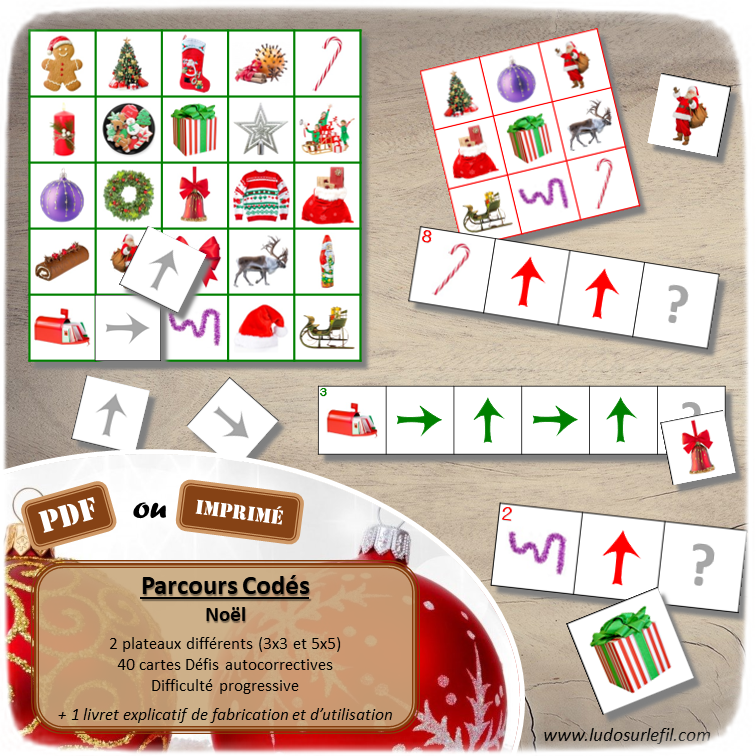 Suis les parcours codés - Noël : personnages, repas, gourmandises, décorations, cadeaux - codage, repérage et vocabulaire spatial - jeu et atelier autonome et autocorrectif Maternelle (Cycle 1) et Primaire (Cycle 2) - Niveaux et difficulté progressifs - PDF à télécharger et à imprimer ou jeu imprimé - difficulté progressive et solutions - lslf