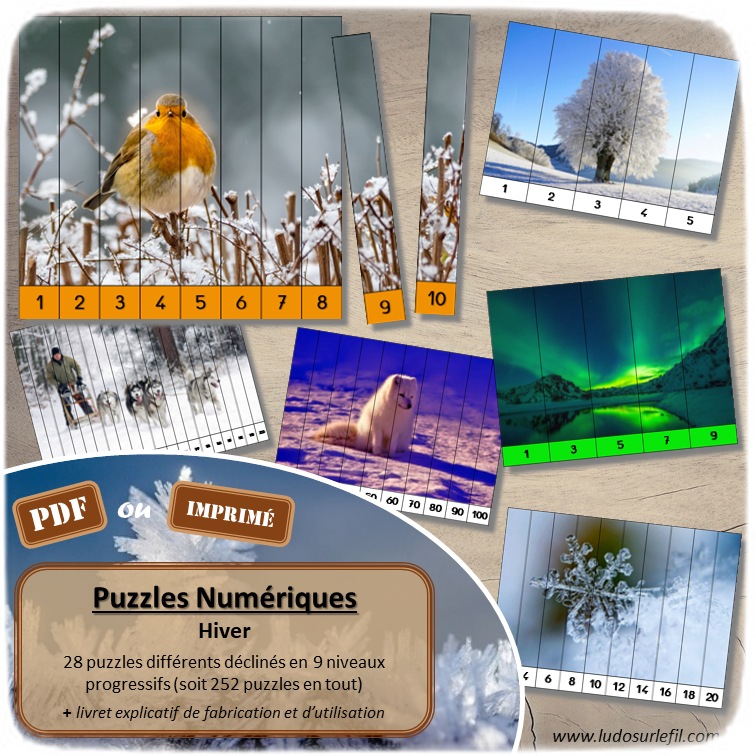 Jeu Puzzles numériques - Hiver - 28 puzzles en 9 niveaux progressifs - Suite numérique de 1 à 20 - Comptage de 2 en 2 - Chiffres pairs et impairs - Comptage de 10 en 10 - Connaissance Chiffres et Dizaines - Mathématiques - Comptine numérique - Paysages, nature, animaux du froid et de la banquise, montagne, sports d'hiver, aliments, gourmandises, vêtements, objets - Atelier autonome maternelle et élémentaire - PDF à télécharger et imprimer ou jeu imprimé - cycles 1 ou 2 - lslf