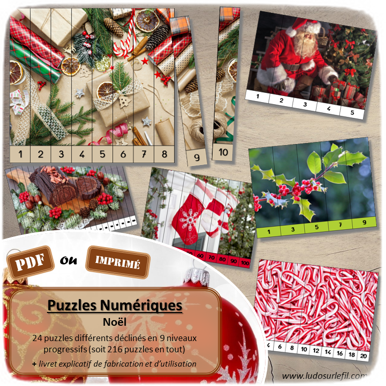 Jeu Puzzles numériques - Noël - 24 puzzles en 9 niveaux progressifs - Suite numérique de 1 à 20 - Comptage de 2 en 2 - Chiffres pairs et impairs - Comptage de 10 en 10 - Connaissance Chiffres et Dizaines - Mathématiques - Comptine numérique - Père Noël, Renne, avent, sapins, décorations, gourmandises, repas, cadeaux, traineau - Atelier autonome maternelle et élémentaire - PDF à télécharger et imprimer ou jeu imprimé - cycles 1 ou 2 - lslf