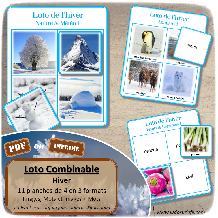 Loto combinable - hiver - images photos noms et mots - jeu progressif et à combiner - lecture et observation - discrimination visuelle - fruits et légumes, animaux du froid, polaires, objets, vêtements, météo, fêtes et événements, éléments symboliques saisons, Noël - PDF à télécharger et à imprimer ou jeu imprimé - Atelier maternelle ou cycle 2 - lexique vocabulaire - lslf