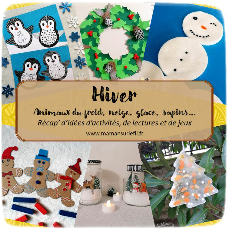 Récapitulatif Hiver - idées activités lectures jeux pour enfants sur un thème donné - différents thèmes - Animaux du froid, banquise, montagnes, paysages, neige, bonhommes de neige, flocons, glaces, sapins, pain d'épices, oranges, 4 saisons, météo - arts visuels - littérature jeunesse - jeux de société - jeux à imprimer - récap sur le fil - mslf