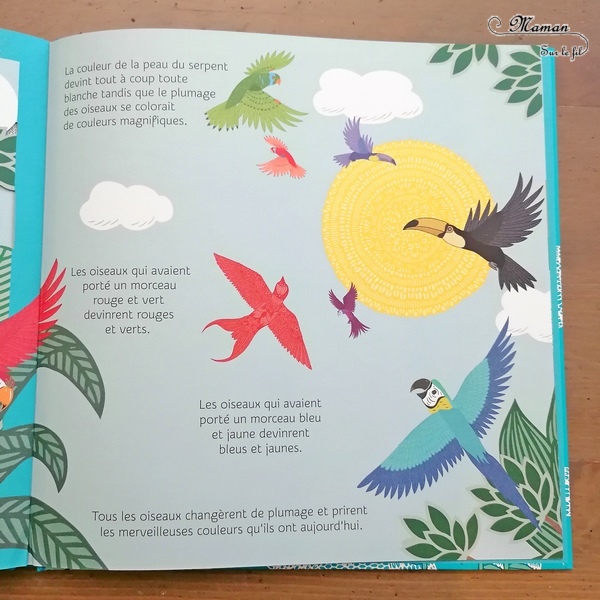 Livre enfants - Comment les couleurs vinrent aux oiseaux aux éditions Grund - Conte traditionnel des Caraïbes sublimé par les illustrations et les découpes de Pippa Dyrlaga - Serpent, oiseaux - Légende indienne - Découverte géographique - Amérique du Nord - Indiens - test et avis - mslf