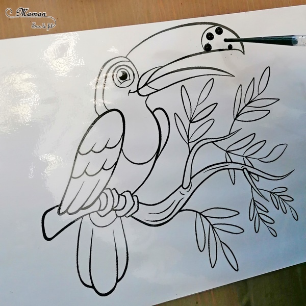 Activité créative enfants - Colorier un toucan avec des gouttes eau colorées - Motricité fine, art éphémère, patience et précision - Pipettes et encre - Pince et préhension doigts - Créativité - Amérique du Sud et Brésil- Découverte d'un pays - Espace et géographie - Animaux de la jungle et oiseaux - arts visuels et atelier maternelle et Cycle 1 et 2 - mslf