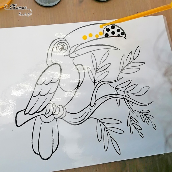 Activité créative enfants - Colorier un toucan avec des gouttes eau colorées - Motricité fine, art éphémère, patience et précision - Pipettes et encre - Pince et préhension doigts - Créativité - Amérique du Sud et Brésil- Découverte d'un pays - Espace et géographie - Animaux de la jungle et oiseaux - arts visuels et atelier maternelle et Cycle 1 et 2 - mslf