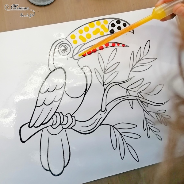 Activité créative enfants - Colorier un toucan avec des gouttes eau colorées - Motricité fine, art éphémère, patience et précision - Pipettes et encre - Pince et préhension doigts - Créativité - Amérique du Sud et Brésil- Découverte d'un pays - Espace et géographie - Animaux de la jungle et oiseaux - arts visuels et atelier maternelle et Cycle 1 et 2 - mslf