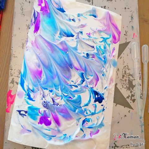 Activité manuelle et créative enfants - Ours blancs polaires avec des pages de livres et dessin - Découpage et collage - Effet de relief - Fond marbré hivernal avec technique de la mousse à raser et de l'encre - Bleu et violet - Technique pour fond Hiver - Récup - recyclage de livres abimés - Bricolage et Créativité - Banquise, animaux du froid - arts visuels Elémentaire, maternelle, Cycle 1, 2 - mslf