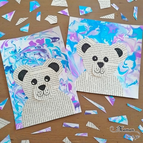 Activité manuelle et créative enfants - Ours blancs polaires avec des pages de livres et dessin - Découpage et collage - Effet de relief - Fond marbré hivernal avec technique de la mousse à raser et de l'encre - Bleu et violet - Technique pour fond Hiver - Récup - recyclage de livres abimés - Bricolage et Créativité - Banquise, animaux du froid - arts visuels Elémentaire, maternelle, Cycle 1, 2 - mslf