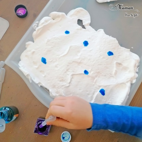 Activité manuelle et créative enfants - Ours blancs polaires avec des pages de livres et dessin - Découpage et collage - Effet de relief - Fond marbré hivernal avec technique de la mousse à raser et de l'encre - Bleu et violet - Technique pour fond Hiver - Récup - recyclage de livres abimés - Bricolage et Créativité - Banquise, animaux du froid - arts visuels Elémentaire, maternelle, Cycle 1, 2 - mslf