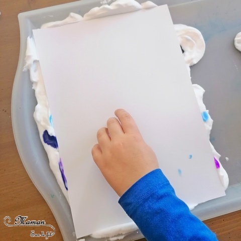 Activité manuelle et créative enfants - Ours blancs polaires avec des pages de livres et dessin - Découpage et collage - Effet de relief - Fond marbré hivernal avec technique de la mousse à raser et de l'encre - Bleu et violet - Technique pour fond Hiver - Récup - recyclage de livres abimés - Bricolage et Créativité - Banquise, animaux du froid - arts visuels Elémentaire, maternelle, Cycle 1, 2 - mslf