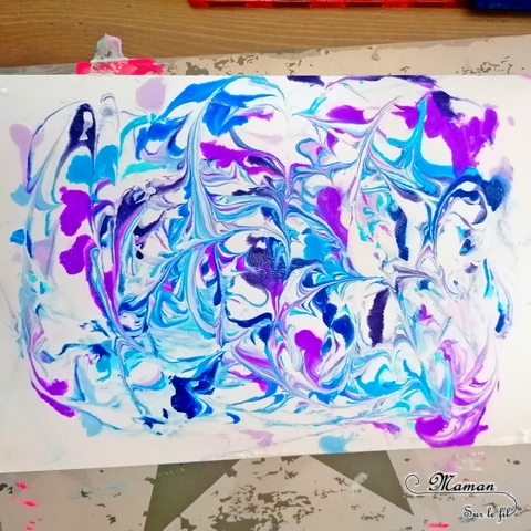 Activité manuelle et créative enfants - Tableau abstrait et marbré aux couleurs hivernales - Technique de la mousse à raser et de l'encre - Bleu et violet - Dessin et graphismes au feutre noir - Technique pour fond Hiver - Bricolage et Créativité - Œuvre collaborative - Banquise, aurore boréale - arts visuels Elémentaire, maternelle, Cycle 1, 2 - mslf