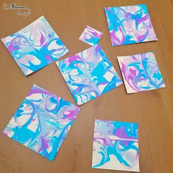 Activité manuelle et créative enfants - Tableau abstrait et marbré aux couleurs hivernales - Technique de la mousse à raser et de l'encre - Bleu et violet - Dessin et graphismes au feutre noir - Technique pour fond Hiver - Bricolage et Créativité - Œuvre collaborative - Banquise, aurore boréale - arts visuels Elémentaire, maternelle, Cycle 1, 2 - mslf