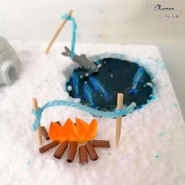 Activité enfants - Créer un mini-monde Banquise en récup' - Bricolage DIY facile - Invitation à jouer fait maison - Camp esquimaux : igloo, trou de pêche, feu, figurines - Animaux du froid et de la banquise - Polystyrène, papier, cure-dents et gélatine - recyclage et surcyclage - Bricolage et Créativité Hiver - Antarctique et Arctique - mslf