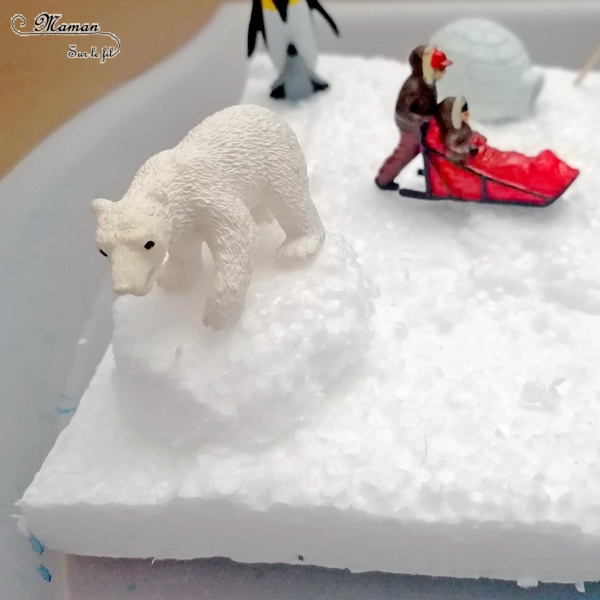 Activité enfants - Créer un mini-monde Banquise en récup' - Bricolage DIY facile - Invitation à jouer fait maison - Camp esquimaux : igloo, trou de pêche, feu, figurines - Animaux du froid et de la banquise - Polystyrène, papier, cure-dents et gélatine - recyclage et surcyclage - Bricolage et Créativité Hiver - Antarctique et Arctique - mslf