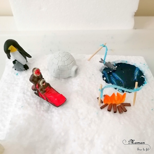 Activité enfants - Créer un mini-monde Banquise en récup' - Bricolage DIY facile - Invitation à jouer fait maison - Camp esquimaux : igloo, trou de pêche, feu, figurines - Animaux du froid et de la banquise - Polystyrène, papier, cure-dents et gélatine - recyclage et surcyclage - Bricolage et Créativité Hiver - Antarctique et Arctique - mslf