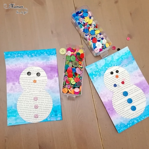 Activité manuelle et créative enfants - Bonhommes de neige avec des pages de livre, des boutons, des bâtons et du papier - Découpage et collage - Fond hivernal avec encre et gros sel - Bleu et violet - Technique pour fond Hiver - Récup - recyclage de livres abimés - Bricolage et Créativité - arts visuels Elémentaire, maternelle, Cycle 1, 2 - mslf